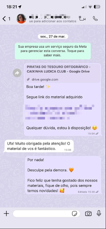 Conversa real com professora no WhatsApp